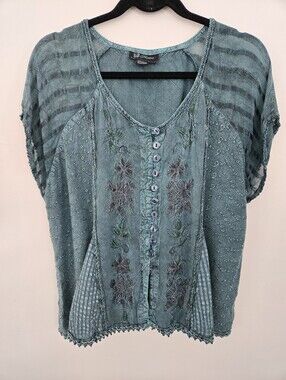 Flower Whimsigoth Fairycore Embroidered Blouse. Teal. Size XL And 1X/2X
